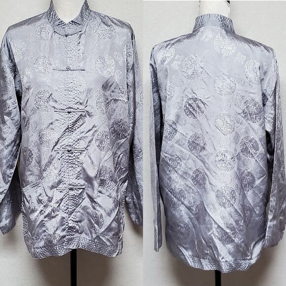 VINTAGE 1980s Plants Silver Silk Oriental Mandarin Long Sleeve Frog Button Top - Picture 1 of 10